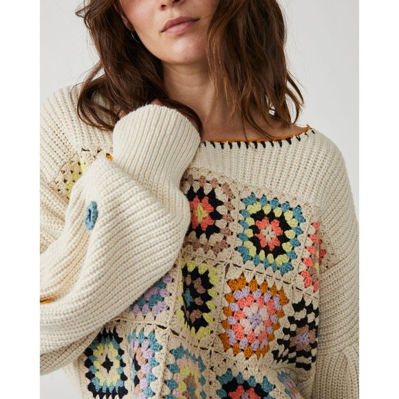 NWT Free People Dahlia Crochet Pullover / Antique Pearl Combo - Picture 3 of 7